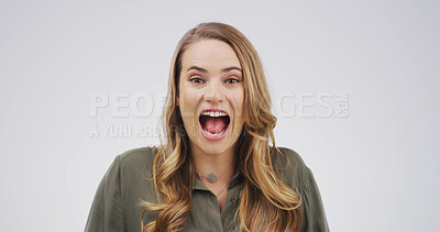 Buy stock photo Portrait, screaming and woman with shock, studio or expression for announcement or white background. Shouting, person and reaction for sale, surprised and excited for discount, amazed and wow in USA