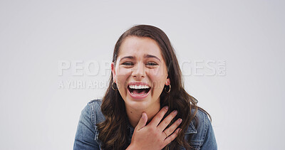 Buy stock photo Portrait, funny and woman in studio for comic emotion, joke and silly on white background space. Smile, excited and female person laughing with LOL, happiness and crazy with comedy for humor in USA