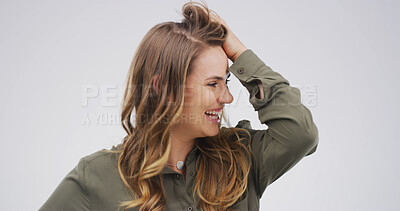 Buy stock photo Smile, funny and woman in studio, profile and contemplation on white background. Happiness, mockup space and person with confidence, pride and laughing with joke, humor and positive mindset 