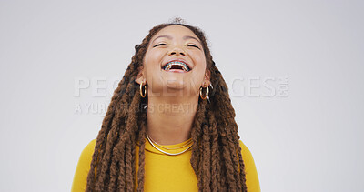 Buy stock photo Studio, laughing and woman with humor, happy and listening to funny joke, white background or comic. Confident, employee and African person with reaction to comedy, positive mindset and emotions