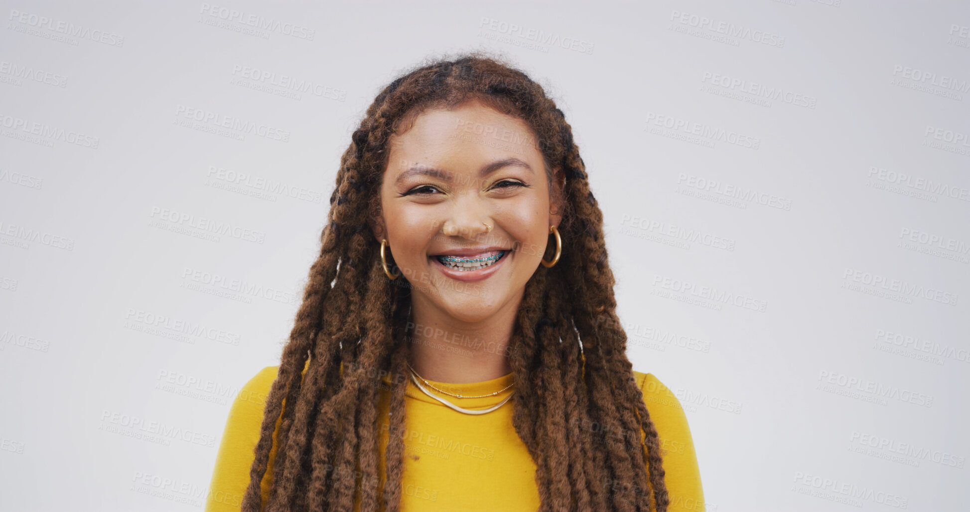 Buy stock photo Studio, portrait and woman with smile, confident or ambitious for skill development and scholarship. White background, student or person with pride for journalism, education and course in Brazil