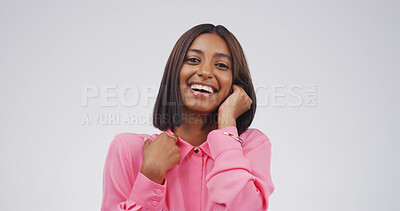 Buy stock photo Laughing, comedy and portrait of woman in studio for funny expression, joke and goofy. Positive mindset, happiness and meme reaction with person on white background space for humor and good mood