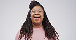 Portrait, smile and laugh with black woman in studio for funny story, joke and reaction to meme. Happy, female person and humor for positive attitude, good mood and silly emotions on white background