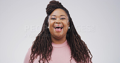 Buy stock photo Portrait, smile and laugh with black woman in studio for funny story, joke and reaction to meme. Happy, female person and humor for positive attitude, good mood and silly emotions on white background