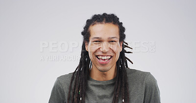 Buy stock photo Laughing, joke and portrait of man in studio for comic expression, funny and goofy. Positive mindset, happiness and meme reaction with person on white background space for humor and good mood
