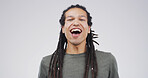 Portrait, laughing and man in studio for comic emotion, joke and silly on white background space. Smile, excited and funny African person with LOL, happiness and good mood with comedy for humor