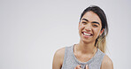 Laughing, happy and portrait of woman in studio with mockup space for comedy joke with humor. Goofy, smile and Asian female person with giggle for funny, gossip or silly comic by white background.