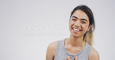 Buy stock photo Laughing, happy and portrait of woman in studio with mockup space for comedy joke with humor. Goofy, smile and female person from Brazil with giggle for funny, gossip or comic by white background.