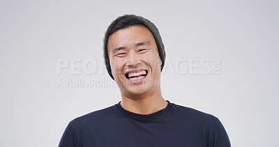 Buy stock photo Laughing, happy and portrait of man in studio with mockup space for comedy joke with humor. Goofy, smile and Asian male person with giggle for funny, gossip or silly comic by white background.