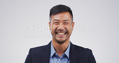 Buy stock photo Comedy, funny and humor with business man in studio for expression or reaction to joke and meme. Comic, laughing and space with happy employee isolated on white background for positive motivation