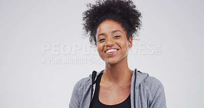 Buy stock photo Portrait, student and black woman with smile, studio and opportunity with scholarship in university. White background, mockup space and person with pride for knowledge, education and college in Kenya