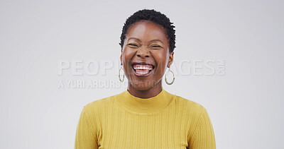 Buy stock photo Laugh, happy and face of black woman in studio with funny joke, humor and comedy on white background. Emoji, confidence and person with laughter for positive attitude, cheerful and joy for comic