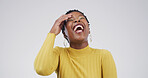 Funny, laugh and black woman in studio for crazy joke, euphoria or good mood on white background. Excited, smile and female person with happiness, comedy news or comic expression for humor with space