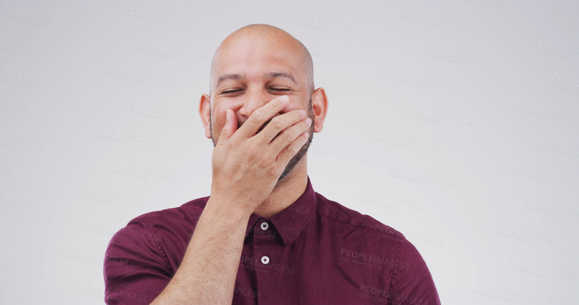 Buy stock photo Comedy, humor and laughing with designer man in studio for expression or reaction to joke and meme. Comic, funny and space with happy person isolated on white background for joy or motivation