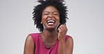 Studio, laughing and woman with humor, comic and listening to funny joke, white background or happy. Confident, employee and positive attitude for comedy, smile or black person with facial expression