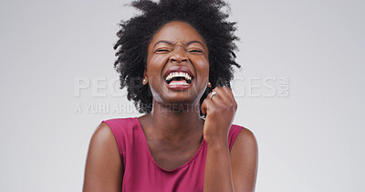Buy stock photo Studio, laughing and woman with humor, comic and listening to funny joke, white background or happy. Confident, employee and positive attitude for comedy, smile or black person with facial expression