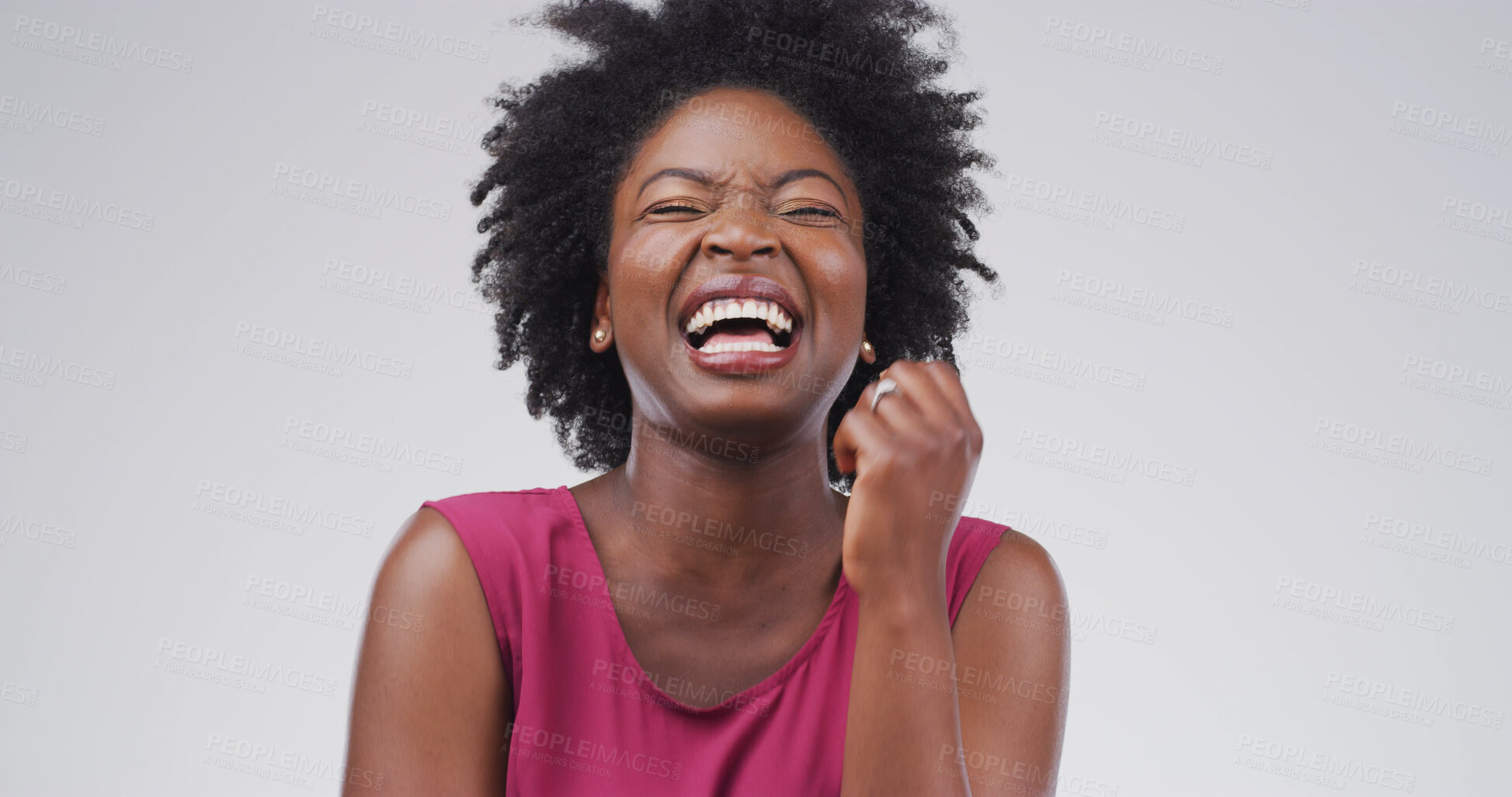 Buy stock photo Studio, laughing and woman with humor, comic and listening to funny joke, white background or happy. Confident, employee and positive attitude for comedy, smile or black person with facial expression