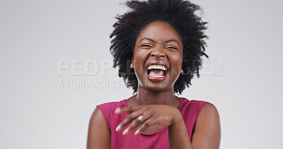 Buy stock photo Laughing, funny and joke with black woman in studio for expression, comedy and goofy comic. Positive mindset, happiness and meme reaction with person on white background space for humor and good mood