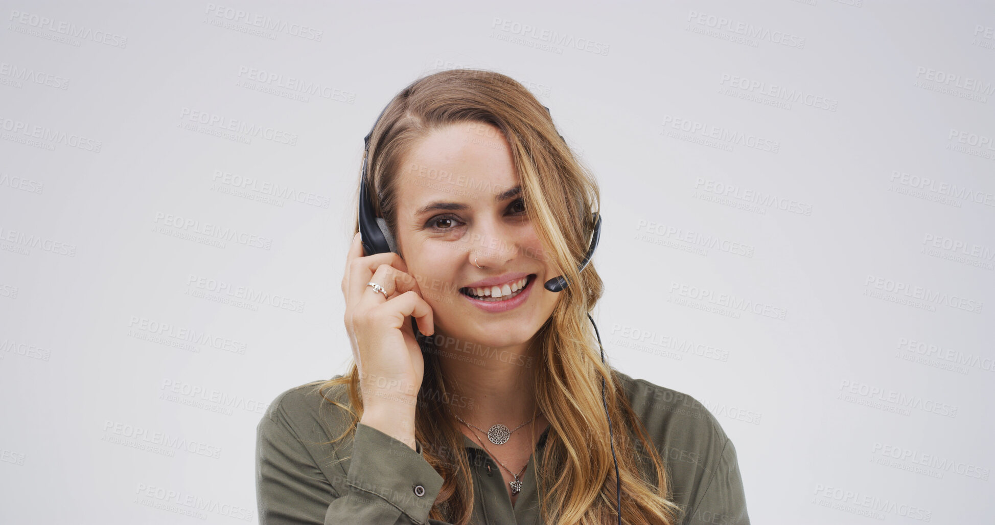 Buy stock photo Customer service, portrait or woman with headset in studio for online advice, help and assistance. Call center, mockup and friendly consultant on white background for inbound query, contact us or FAQ