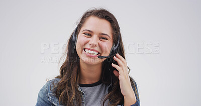 Buy stock photo Happy woman, call center consultant and portrait in studio for help, multilingual support or space. Agent, headset and listening for customer service or language translation on white background in UK
