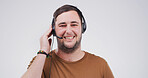 Portrait, telemarketing and man in studio, smile and customer support on white background. Confidence, employee and happy person with headset, contact us and online consultation with telecom sales