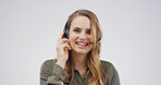 Headset, call center and portrait of woman in studio for college help desk, contact us and advice. Student support, application faq and campus crm with person and microphone on white background