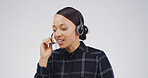 Business, call centre and woman in studio, consultation and customer support on white background. Person, headset and employee with help desk, talking and advice with friendly service and contact us