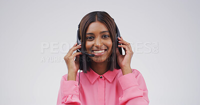 Buy stock photo Call center, portrait or woman with headset in studio for product advice, lead generation or help. Mockup, telemarketing and friendly agent on white background for outbound assistance or online sales