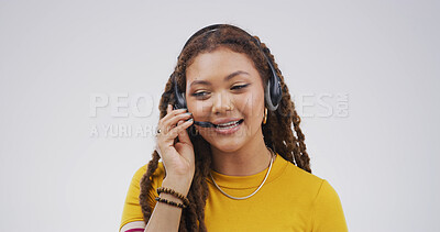 Buy stock photo Microphone, call center and talking with woman in studio for college help desk, contact us and advice. Student support, application faq and campus crm with person and headset on white background