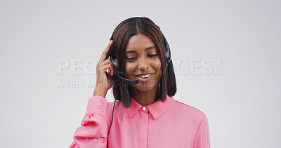 Buy stock photo Microphone, call center and listening with woman in studio for college help desk, contact us and advice. Student support, application FAQ and campus CRM with person and headset on white background