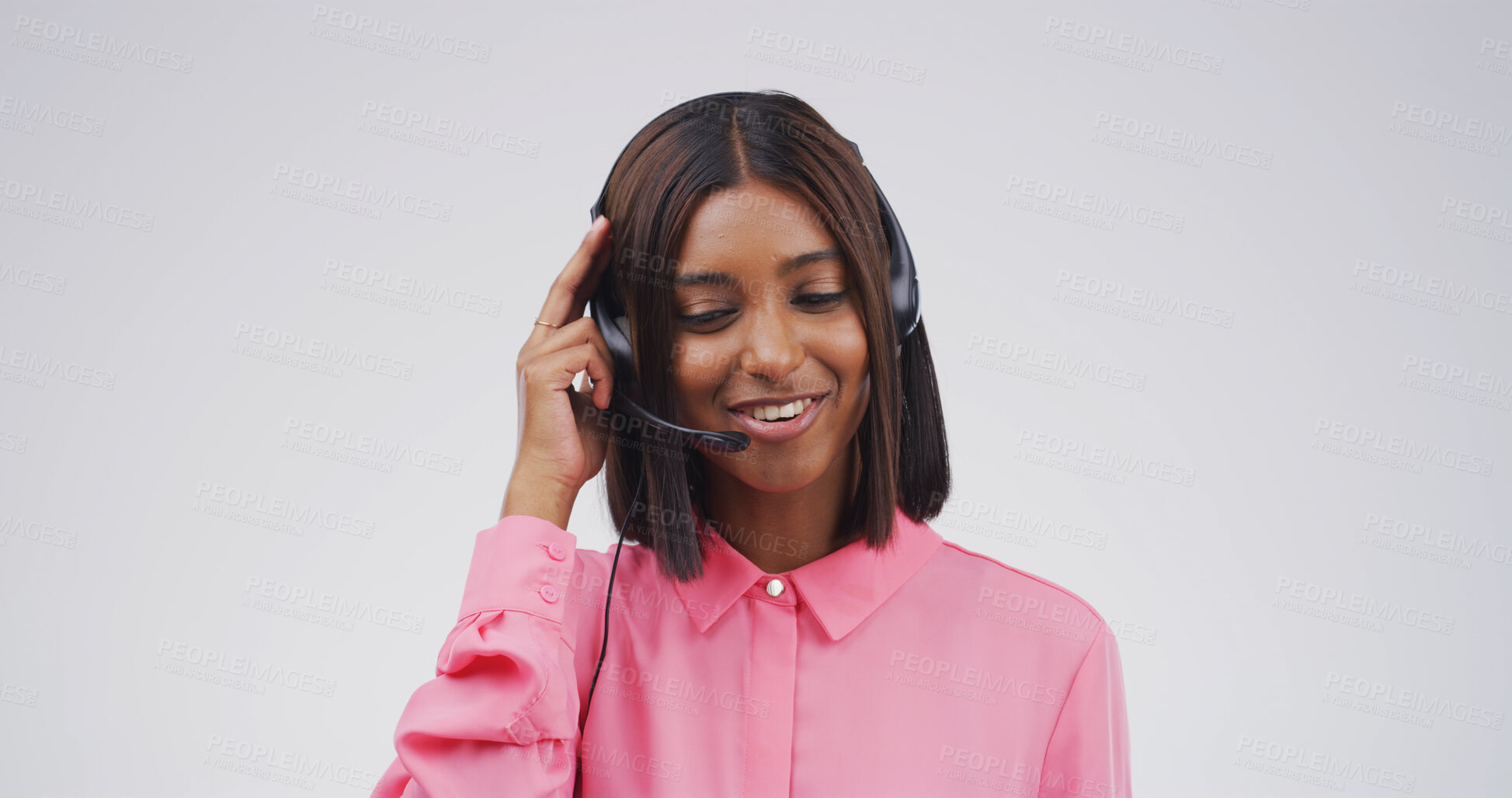 Buy stock photo Microphone, call center and listening with woman in studio for college help desk, contact us and advice. Student support, application FAQ and campus CRM with person and headset on white background