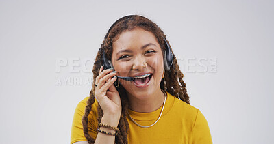 Buy stock photo Student, call center and portrait of woman in studio for college help desk, contact us and advice. University support, application faq and campus crm with person and headset on white background