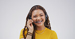 Microphone, call center and portrait of woman in studio for college help desk, contact us and advice. Student support, application faq and campus crm with person and headset on white background