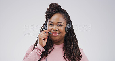 Buy stock photo Call center, headset and portrait of black woman on studio space for assistance, help or support. Contact us, customer service and microphone with happy virtual assistant isolated on white background