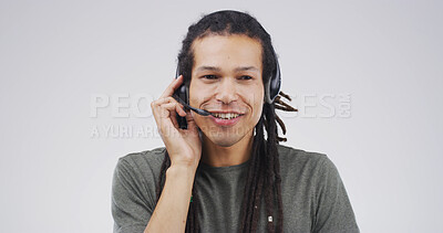 Buy stock photo Portrait, telemarketing and man in studio, help desk and customer service on white background. Support, employee and person with headset, contact us and online consultation with telecom sales