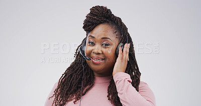 Buy stock photo Customer service, headset and portrait of black woman on studio space for assistance, help or support. Call center, contact us and microphone with happy virtual assistant isolated on white background