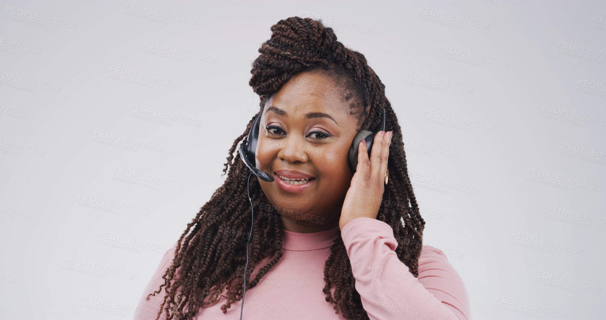 Buy stock photo Customer service, headset and portrait of black woman on studio space for assistance, help or support. Call center, contact us and microphone with happy virtual assistant isolated on white background