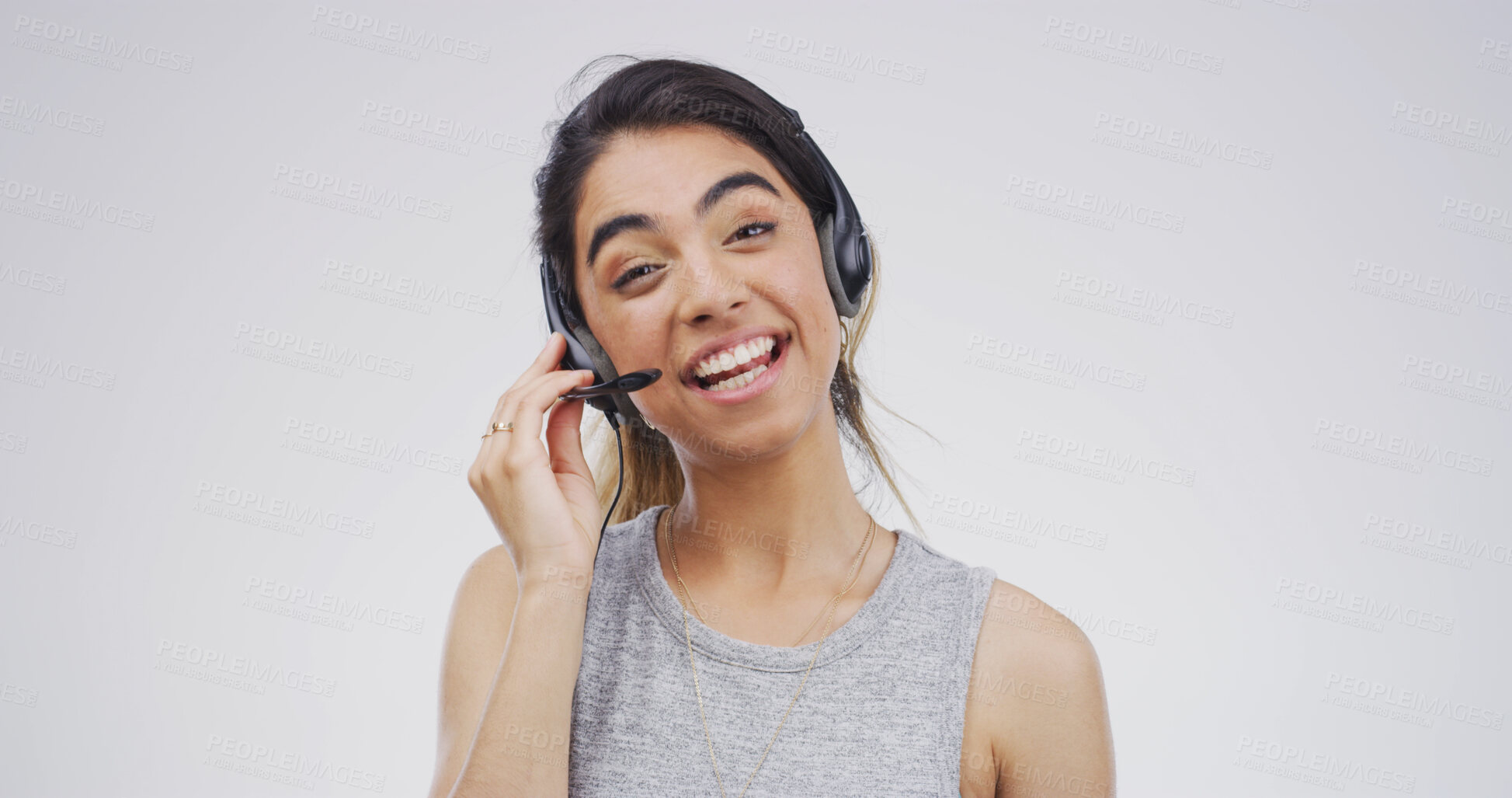 Buy stock photo Call center, studio and portrait of happy woman for tech support, help and customer service. IT consultant, headset and communication for virtual assistance, contact us and white background in Spain