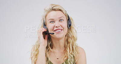 Buy stock photo Happy woman, call center agent and portrait in studio for help, customer service and space. Consultant, support and listening with headset for problem solving, CRM and advice on white background