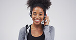 Call center, happy and portrait of black woman in studio for customer support, contact us and crm. Virtual advisor, consultant and headset with person on white background space for help desk agent