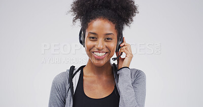 Buy stock photo Call center, happy and portrait of black woman in studio for customer support, contact us and crm. Virtual advisor, consultant and headset with person on white background space for help desk agent