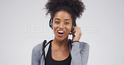 Buy stock photo Call center, talking and portrait of black woman in studio for customer support, contact us and crm. Virtual advisor, consultant and headset with person on white background space for help desk agent