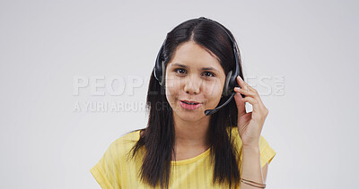 Buy stock photo Call center, woman and portrait with microphone in studio for customer service, online help or FAQ. Mockup, friendly agent and consulting client for product knowledge and advisory on white background