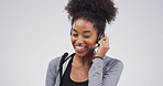 Customer service, agent and talking on microphone in studio for inbound inquiry, help or assistance. Mockup, african person and call center support for product knowledge and FAQ on white background