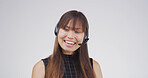 Call center, woman and talking with microphone in studio for customer support, online help and FAQ. Mockup, friendly agent and consulting client for order processing or assistance on white background