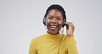 Portrait, call centre and black woman in studio, smile and customer feedback on white background. African person, employee or consultation with help desk, discussion and advice with friendly service