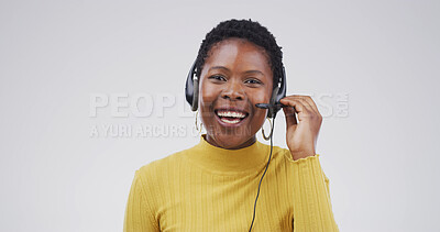 Buy stock photo Portrait, call centre and black woman in studio, smile and customer feedback on white background. African person, employee or consultation with help desk, discussion and advice with friendly service