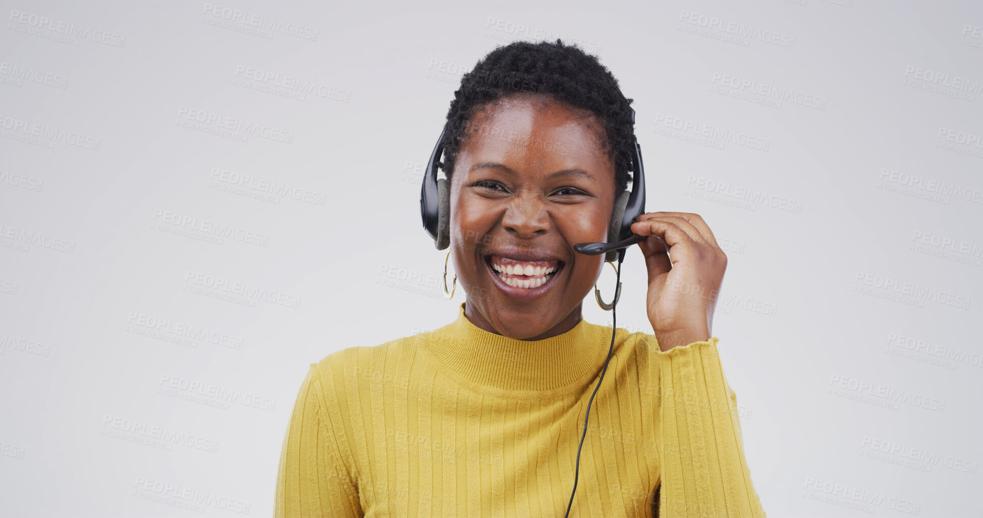 Buy stock photo Call center, studio and portrait of happy black woman for tech support, laugh and customer service. IT consultant, headset and listen for virtual assistance, funny joke and white background space