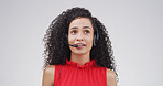 Woman, call center agent and think in studio for customer service, multilingual support and space. Consultant, headset and listen for problem solving, idea or language translation on white background