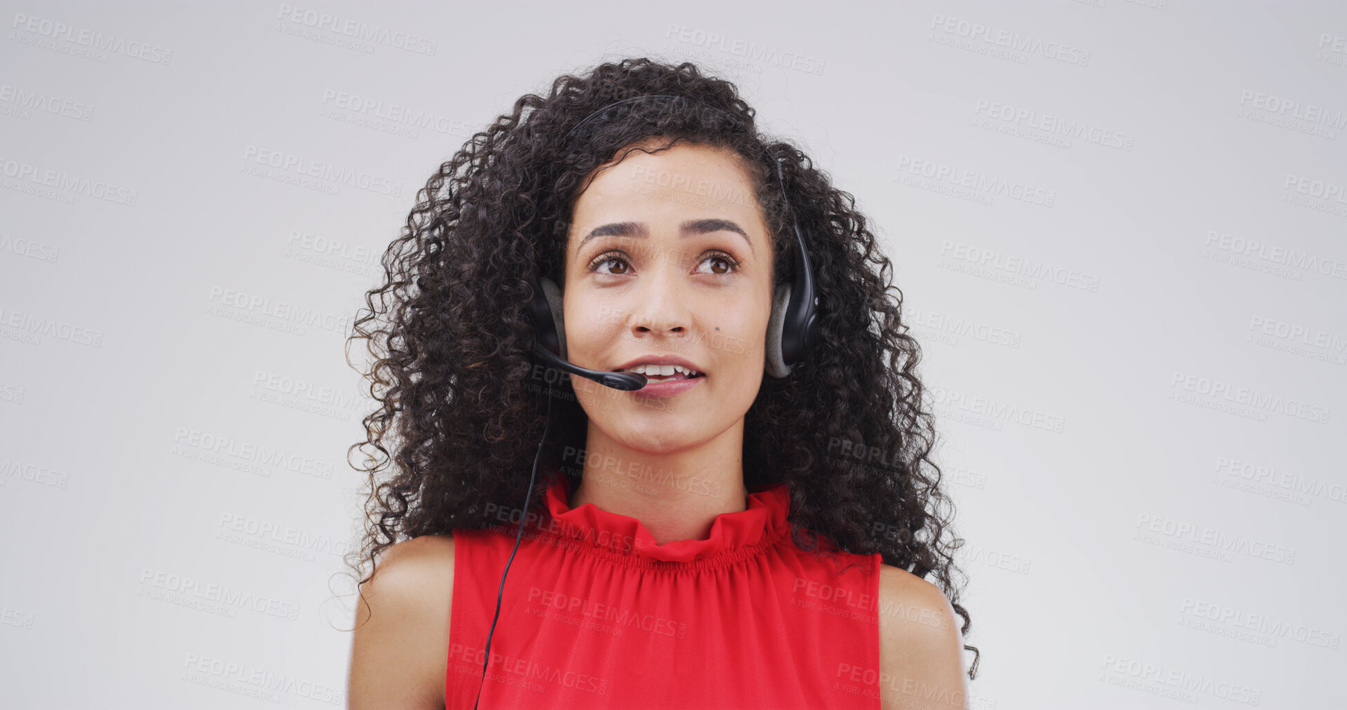 Buy stock photo Woman, call center agent and think in studio for customer service, multilingual support and space. Consultant, headset and listen for problem solving, idea or language translation on white background